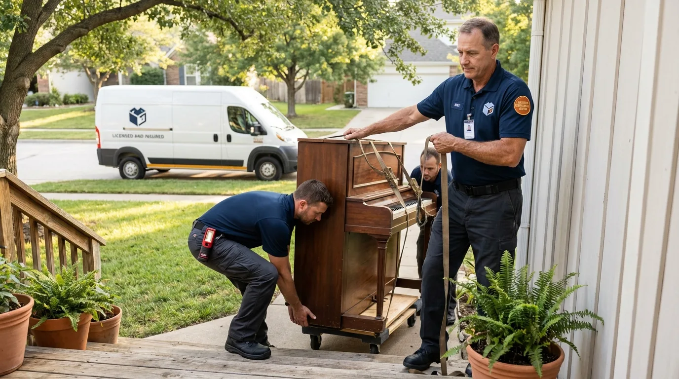 Licensed piano movers securing grand piano in Carville, LA