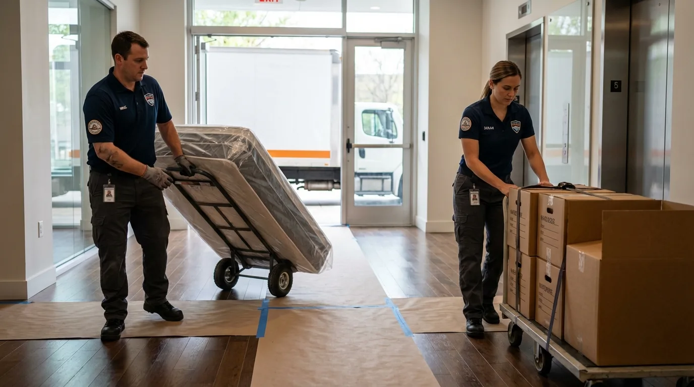 Professional apartment movers loading elevator in Carville, LA
