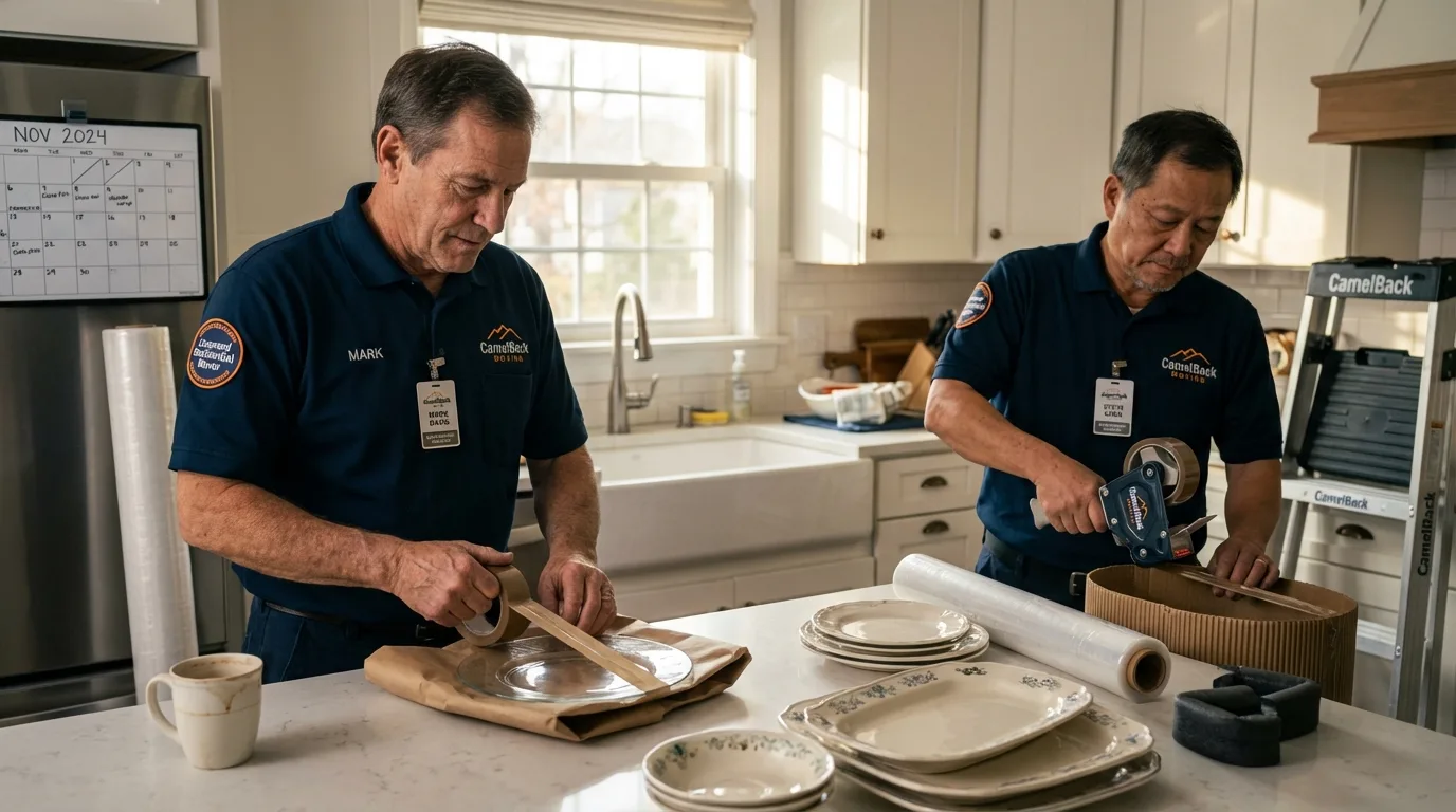 Professional crew packing kitchen dishware in Carville, LA